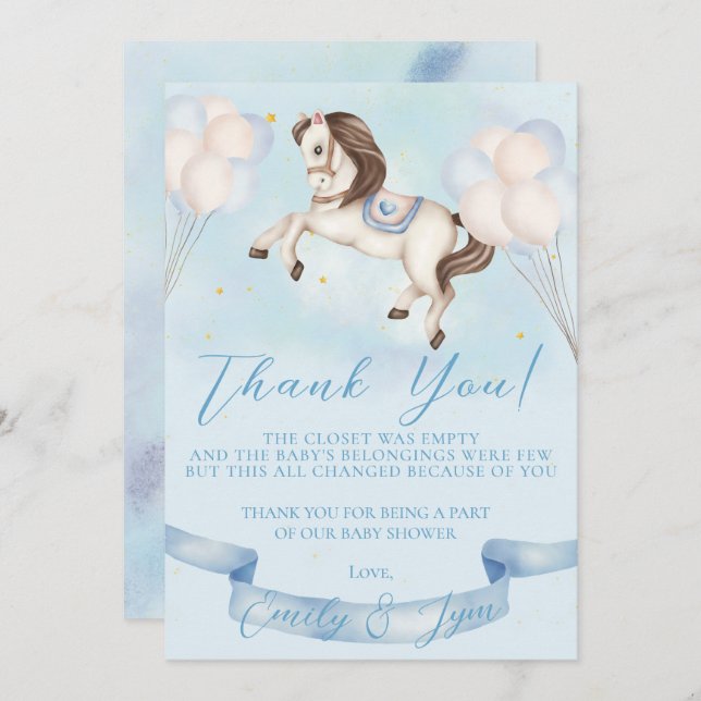 Tarjeta De Agradecimiento Baby Shower Fairytale Pony Stars Blue Balloons (Anverso / Reverso)