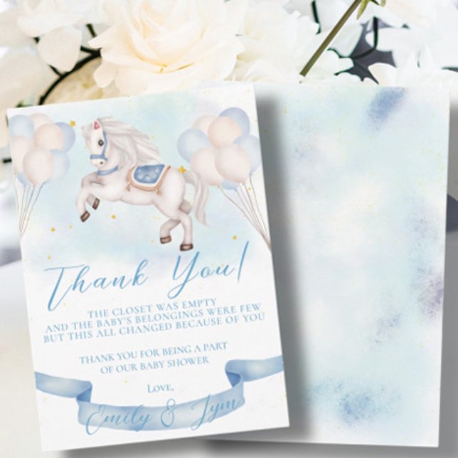Tarjeta De Agradecimiento Baby Shower Fairytale Pony Stars Blue Balloons (Subido por el creador)