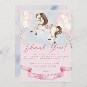 Tarjeta De Agradecimiento Baby Shower Fairytale Pony Stars Pink Balloons