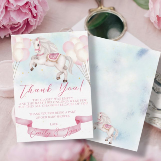 Tarjeta De Agradecimiento Baby Shower Fairytale Pony Stars Pink Balloons (Subido por el creador)