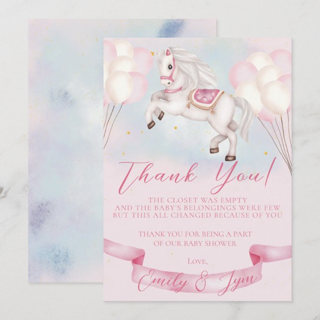 Tarjeta De Agradecimiento Baby Shower Fairytale Pony Stars Pink Balloons (Anverso / Reverso)