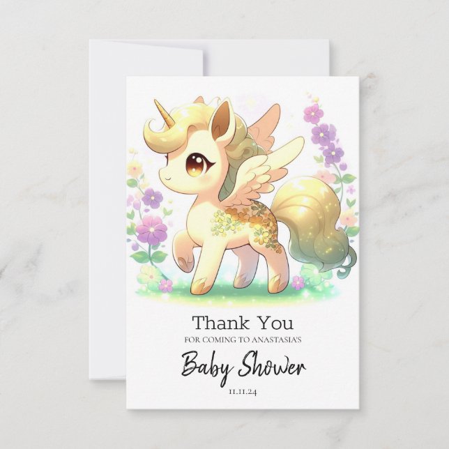 Tarjeta De Agradecimiento Baby Shower feliz de Unicorn (Anverso)