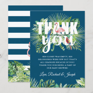 Tarjeta De Agradecimiento Baby Shower Flamingo Azul de la Marina Tropical
