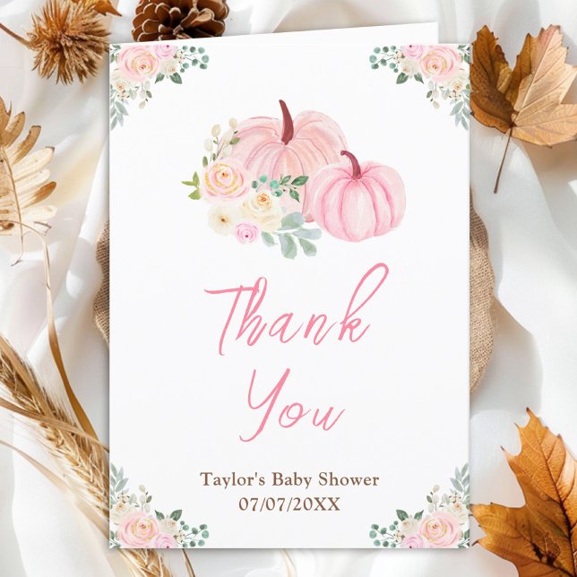 Tarjeta De Agradecimiento Baby Shower floral de calabazas rosadas (Subido por el creador)