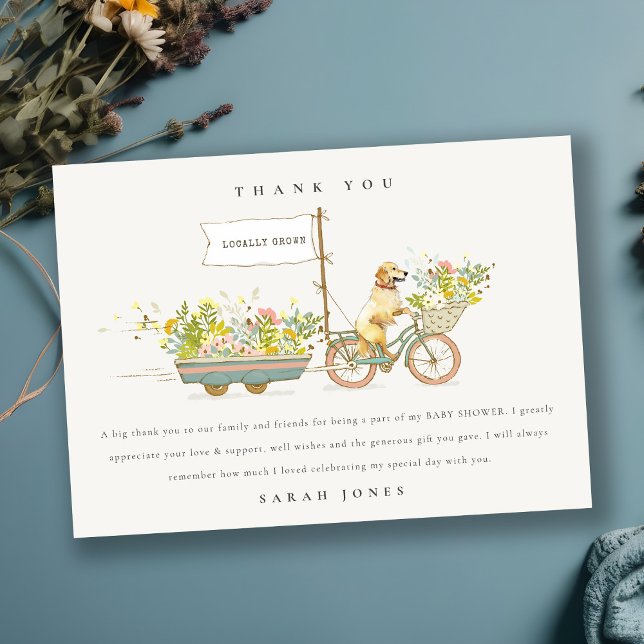 Tarjeta De Agradecimiento Baby Shower floral de Golden Retriever de cosecha  (Subido por el creador)