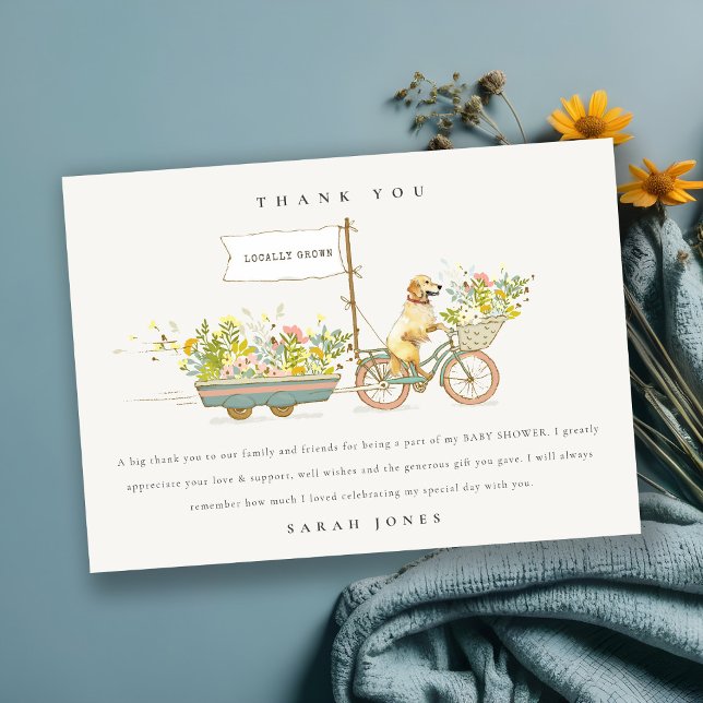 Tarjeta De Agradecimiento Baby Shower floral de Golden Retriever de cosecha  (Subido por el creador)