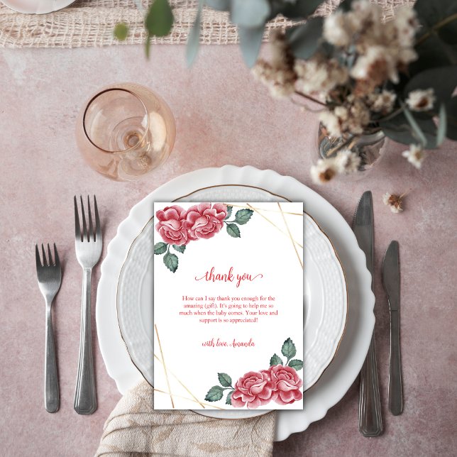 Tarjeta De Agradecimiento Baby Shower Floral de Rosa Moderna Rústica  (Rustic Modern Rose Floral Sweetheart Baby Shower Thank You Card)