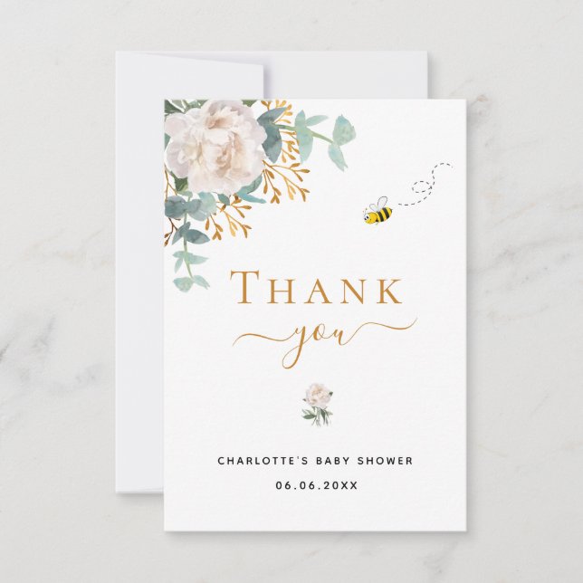 Tarjeta De Agradecimiento Baby Shower floral eucalyptus verde bebe elegante (Anverso)