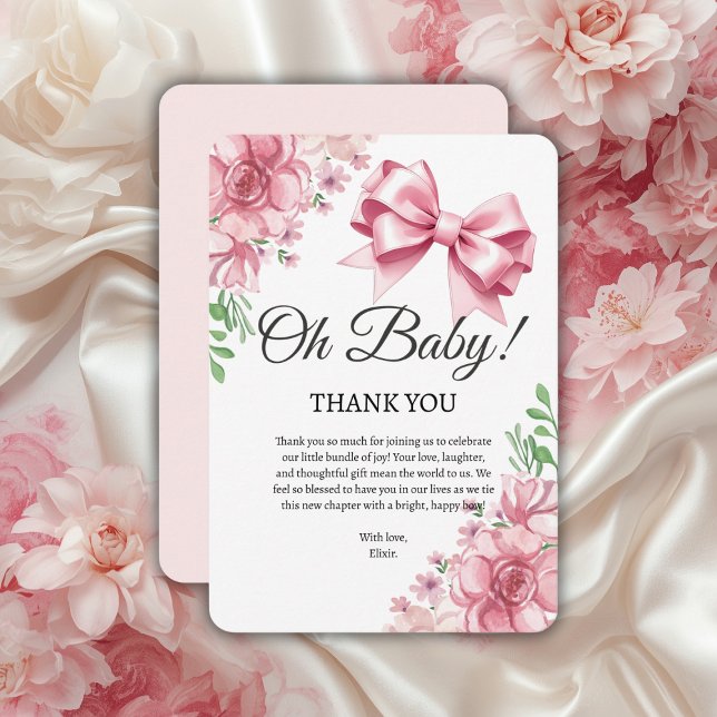Tarjeta De Agradecimiento Baby Shower Floral Pink Bow (Subido por el creador)