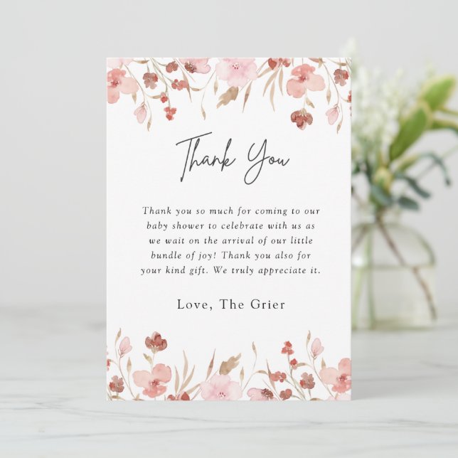Tarjeta De Agradecimiento Baby Shower floral rosado (Anverso de pie)