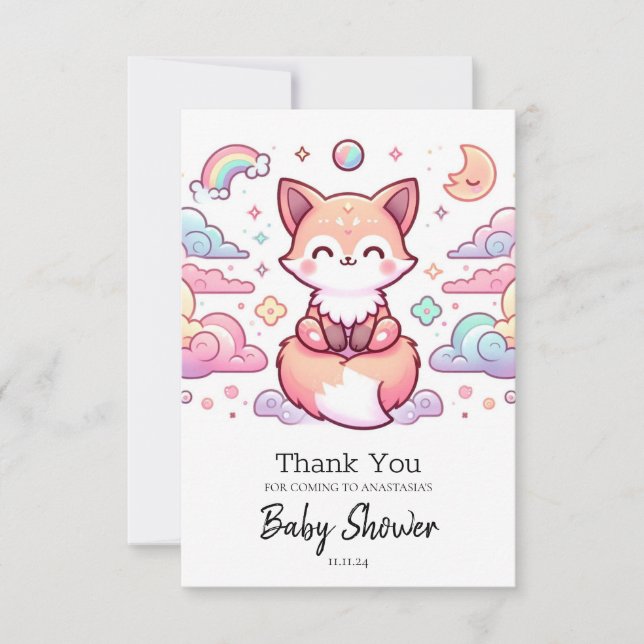 Tarjeta De Agradecimiento Baby Shower Fox simple encantado (Anverso)