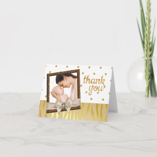 Tarjeta De Agradecimiento Baby Shower Gold Sparkle Zebra Print Gracias (Anverso)
