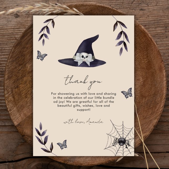 Tarjeta De Agradecimiento Baby Shower, Gorra de la Bruja del Boho Neutral (Neutral Boho Little Boo Witch Hat Baby Shower Thank You Card)