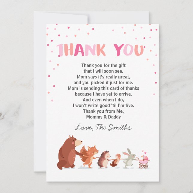 Tarjeta De Agradecimiento Baby Shower Gracias Card Chica Woodland Pink (Anverso)
