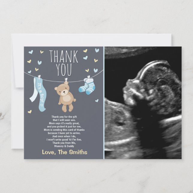 Tarjeta De Agradecimiento Baby Shower Gracias Card Teddy Bear Blue (Anverso)
