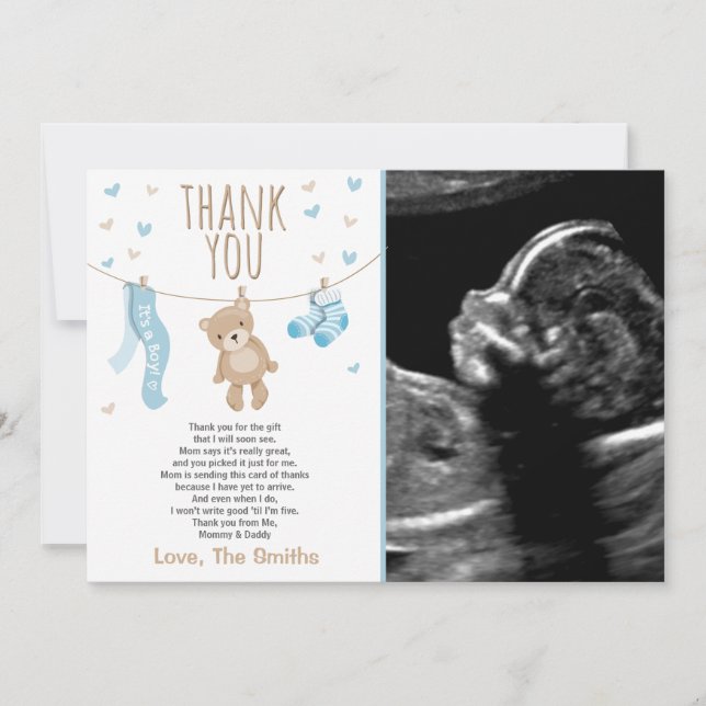 Tarjeta De Agradecimiento Baby Shower Gracias Card Teddy Bear Blue (Anverso)