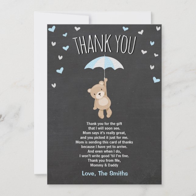 Tarjeta De Agradecimiento Baby Shower Gracias Card Teddy Bear blue Cub Boy (Anverso)