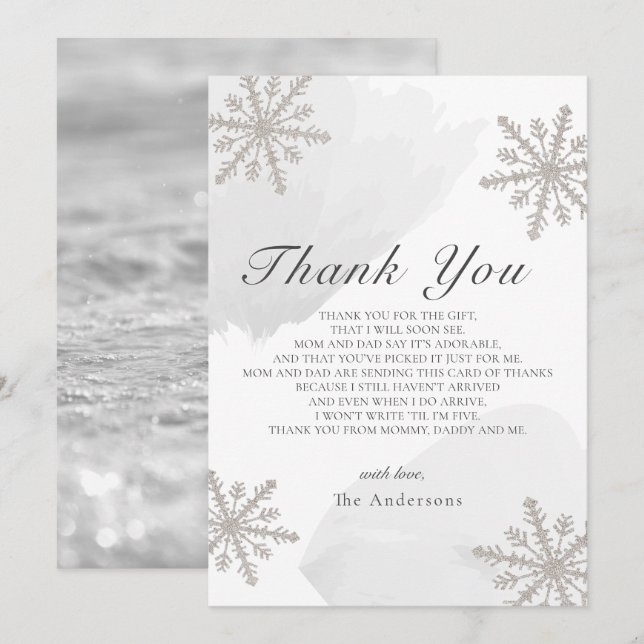 Tarjeta de agradecimiento Baby Shower Gray Snowfla (Anverso / Reverso)