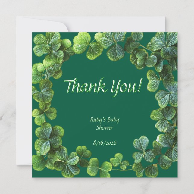 Tarjeta De Agradecimiento Baby Shower Green Clovers (Anverso)