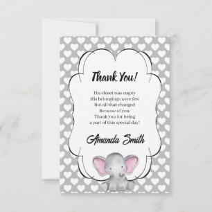 Tarjeta De Agradecimiento Baby Shower Gris y White Hearts Elephant Gracias