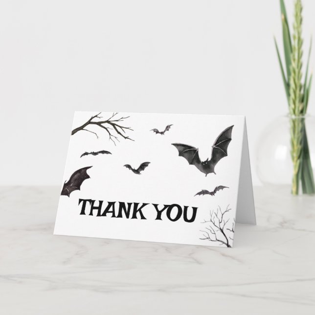 Tarjeta De Agradecimiento Baby Shower Halloween Black and White Bats (Anverso)