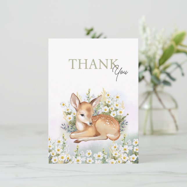 Tarjeta De Agradecimiento Baby shower invitations with an adorable  fawn. (Anverso de pie)