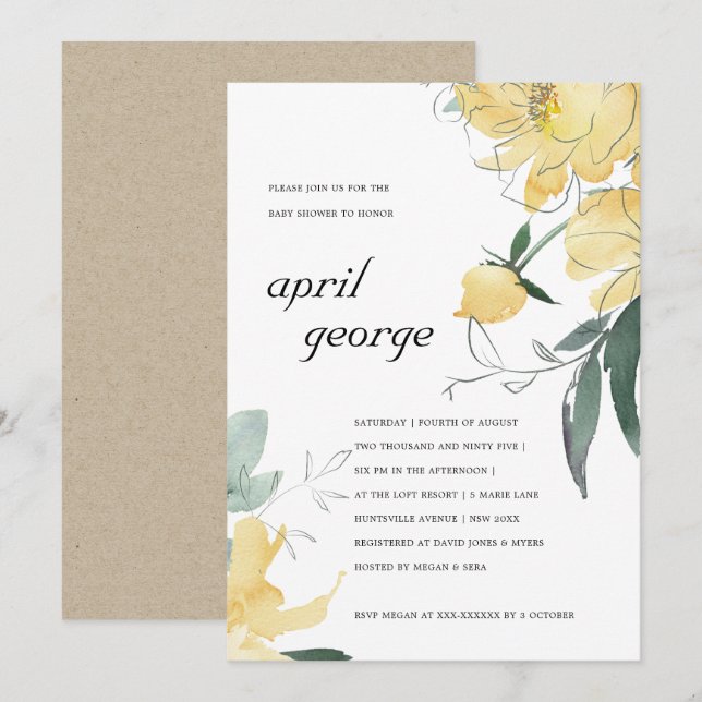 Tarjeta De Agradecimiento Baby Shower INVITE DE FLORAL VERDE LIMPIA AMARILLA (Anverso / Reverso)