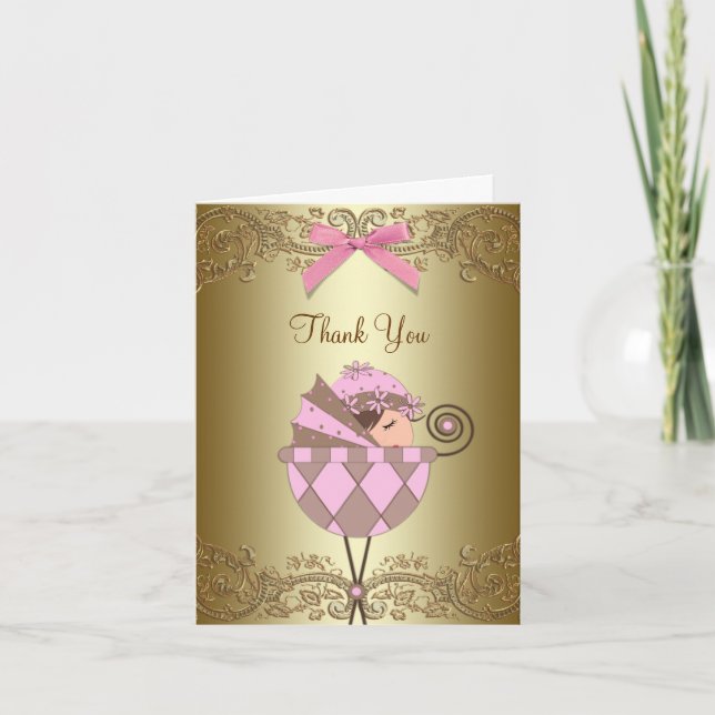 Tarjeta De Agradecimiento Baby Shower Lace de oro rosado Gracias Cartas (Anverso)