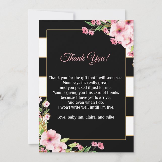 Tarjeta De Agradecimiento Baby Shower le agradece cardar negro rosado de las (Anverso)