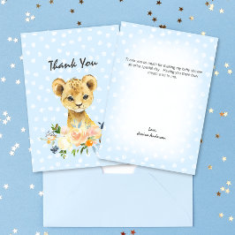Tarjeta De Agradecimiento Baby Shower Lion Cub Floral Blue Gracias
