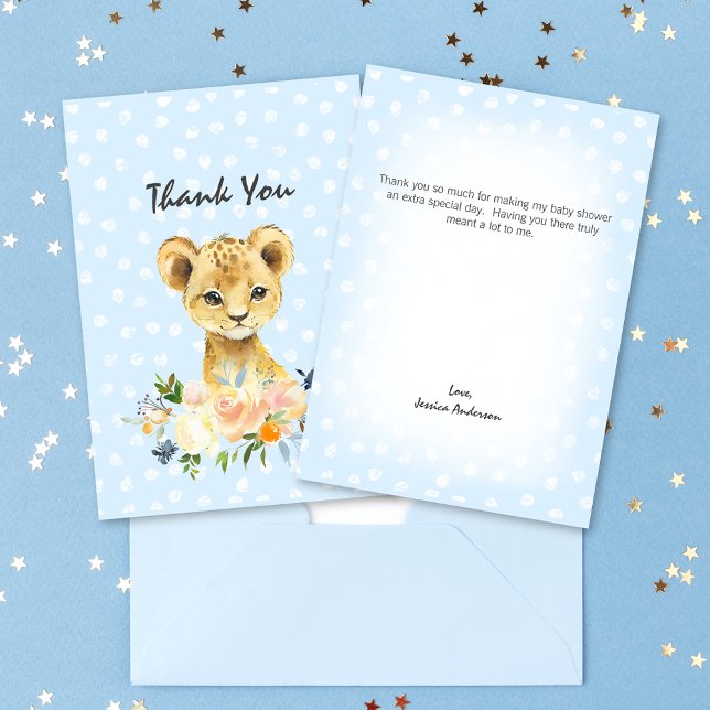 Tarjeta De Agradecimiento Baby Shower Lion Cub Floral Blue Gracias (Subido por el creador)