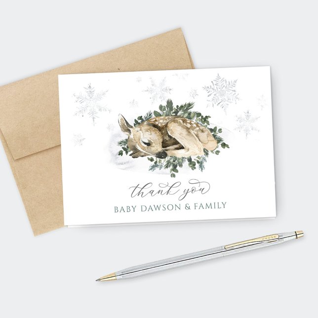 Tarjeta De Agradecimiento Baby Shower Little Deer Blue and Green Woodland (Subido por el creador)
