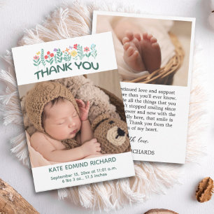 Tarjeta De Agradecimiento Baby Shower manuscrito con estadísticas de nacimie