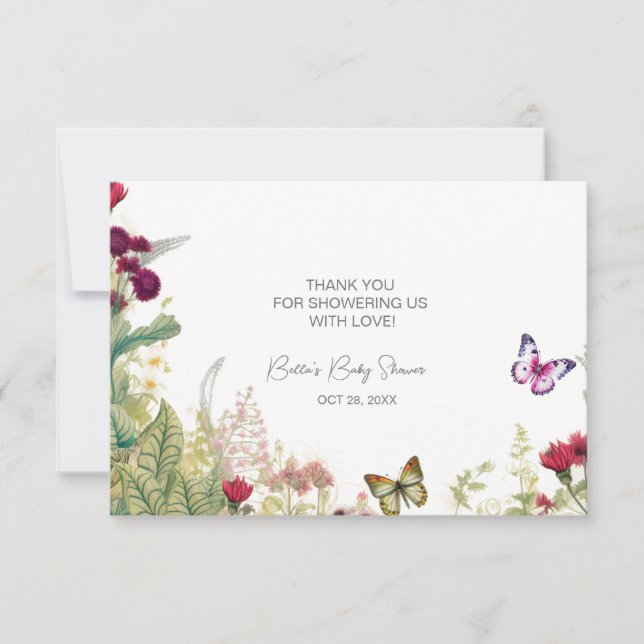 Tarjeta De Agradecimiento Baby Shower mariposa de flores silvestres (Anverso)