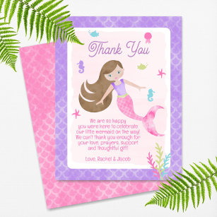 Tarjeta De Agradecimiento Baby Shower Mermaid Brown Hair Watercolor