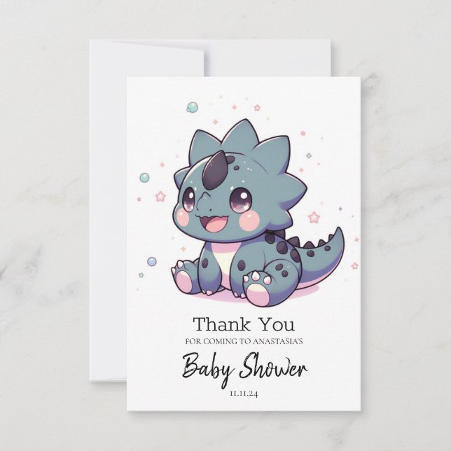 Tarjeta De Agradecimiento Baby Shower mítico de pequeños dinosaurios (Anverso)