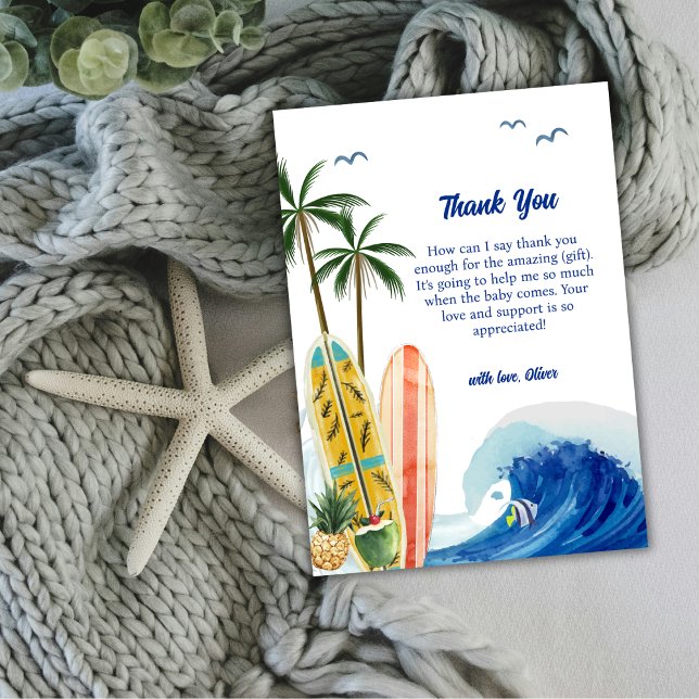 Tarjeta De Agradecimiento Baby Shower moderno Blue Ocean Wave Surfboard (Modern Blue Ocean Wave Surfboard Baby Shower Thank You Card)