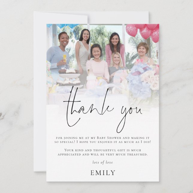 Tarjeta De Agradecimiento Baby Shower moderno de superposición de fotos (Anverso)