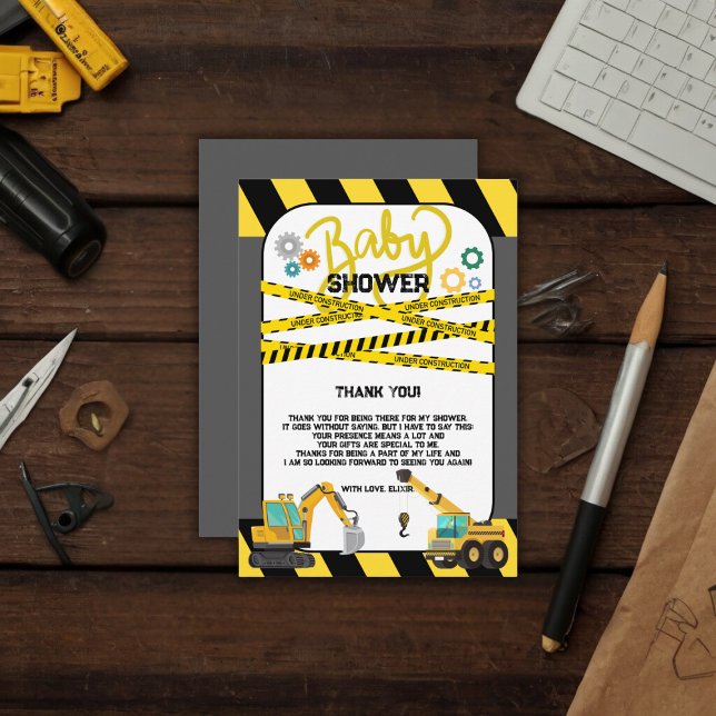 Tarjeta De Agradecimiento Baby Shower moderno en construcción (Subido por el creador)