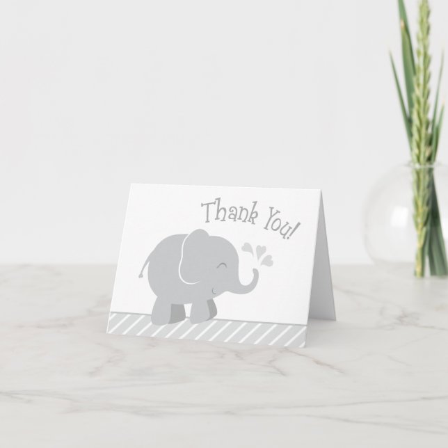 Tarjeta De Agradecimiento Baby Shower moderno gris y elefante blanco (Anverso)