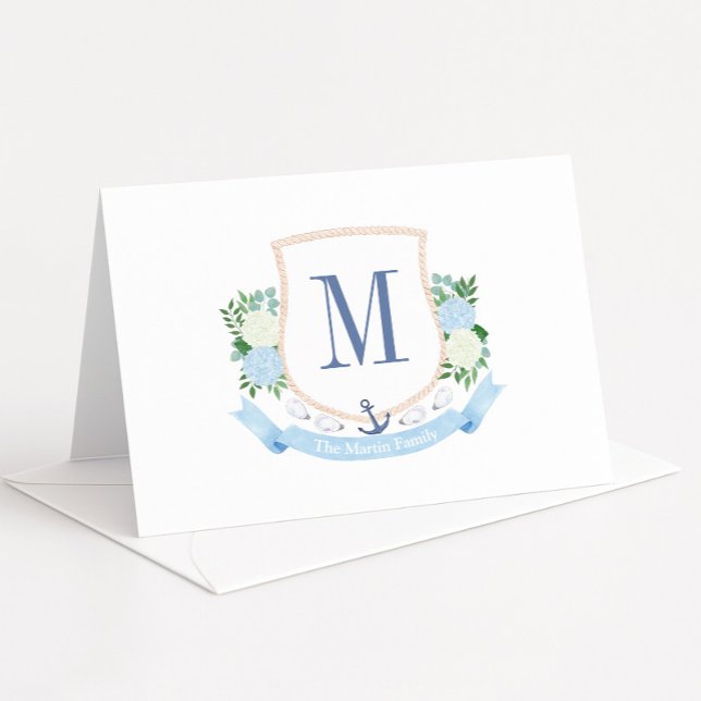 Tarjeta De Agradecimiento Baby Shower Monograma Costero Azul Y Blanco (Single letter coastal-inspired monogram crest thank you card designs)
