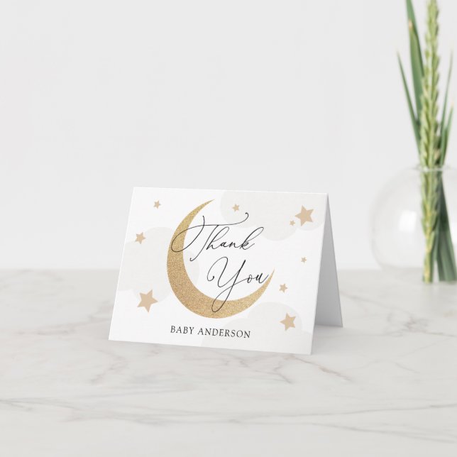 Tarjeta De Agradecimiento Baby Shower Moon and Stars Gray Clouds Gracias (Anverso)