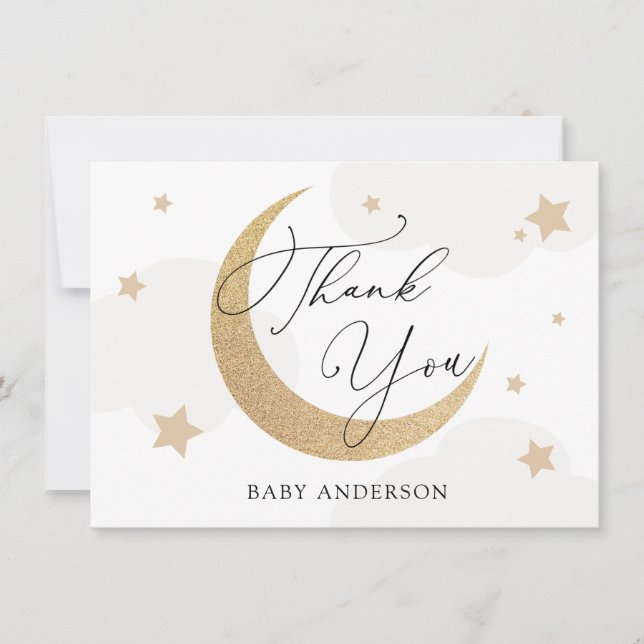 Tarjeta De Agradecimiento Baby Shower Moon and Stars Gray Clouds Gracias (Anverso)