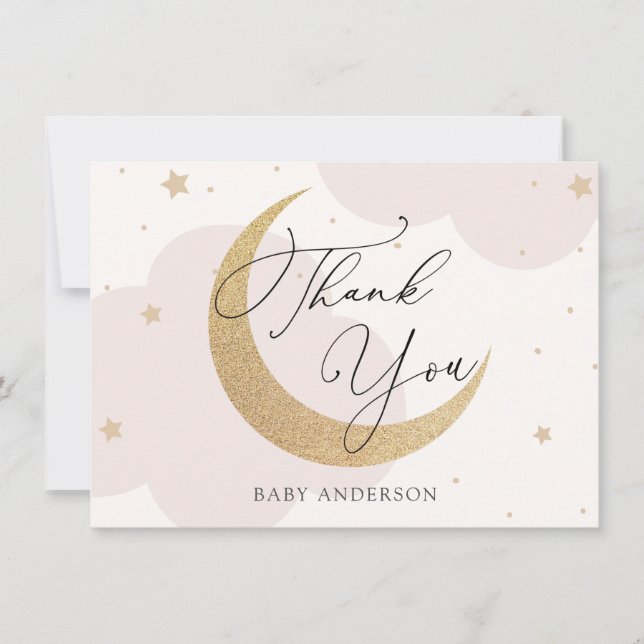 Tarjeta De Agradecimiento Baby Shower Moon and Stars Pink and Gold Gracias (Anverso)
