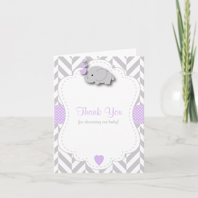 Tarjeta De Agradecimiento Baby Shower morado, elefante gris blanco gracias (Anverso)