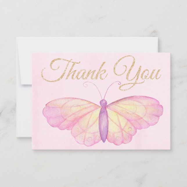 Tarjeta De Agradecimiento Baby Shower morado y mariposa rosa gracias (Anverso)