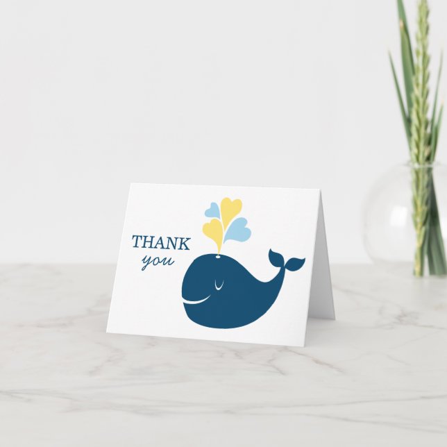 Tarjeta De Agradecimiento Baby Shower Nautical Navy Blue Yellow Whale Boy (Anverso)
