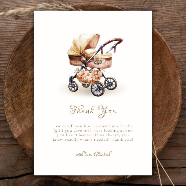Tarjeta De Agradecimiento Baby Shower Neutral Boho Floral Stroller de Género (Gender Neutral Boho Floral Stroller Baby Shower Thank You Card)