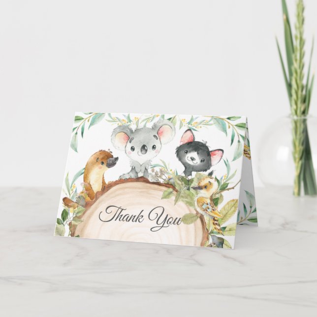 Tarjeta De Agradecimiento Baby Shower neutral de animales australianos verde (Anverso)