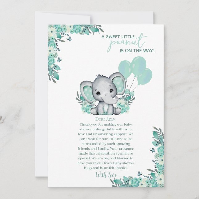 Tarjeta De Agradecimiento Baby Shower Neutral de Elefante (Anverso)